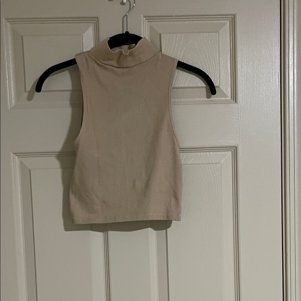 Zara Ribbed Mock Neck Tank Top - Beige CE025
